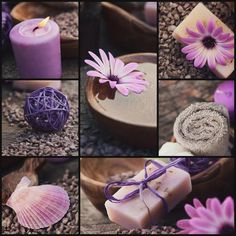 various pictures of soaps, candles and seashells with purple flowers on them