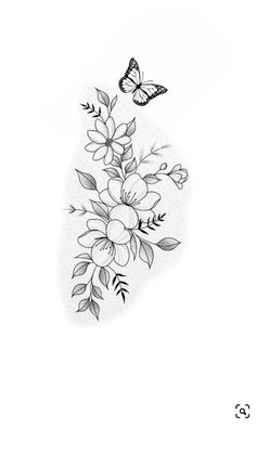 a drawing of flowers and a butterfly on a white background