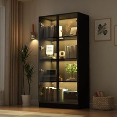 an empty room with a book case on the floor next to a potted plant