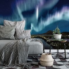 the aurora bore wallpaper mural in a living room