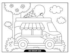 an ice cream truck coloring page with the words ice cream car on it and a cartoon character