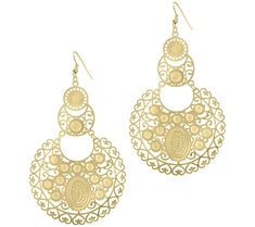 With filigree circle drops, these goldtone stainless steel earrings are a delight to wear. From Steel by Design® Jewelry. Gold Metal Filigree Chandelier Earrings, Gold Metal Chandelier Earrings With Filigree Detail, Gold Round Chandelier Earrings Nickel Free, Gold Nickel-free Round Chandelier Earrings, Filigree Earrings, Steel Earrings, Gorgeous Jewelry, Stainless Steel Earrings, Earring Necklace