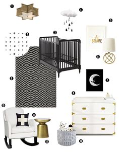 a black and white nursery room with gold accents