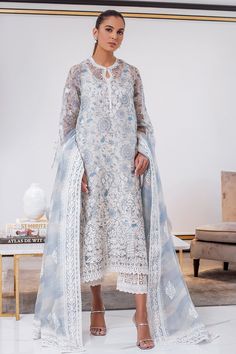 Sania Maskatiya Casual, Blue And White Suit, Key Hole Neckline, Organza Kurta, Sania Maskatiya, Lace Suit, White Floral Embroidery, Printed Organza, Luxe Bedroom