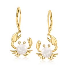 Ross-Simons - 7mm Cultured Pearl Crab Drop Earrings, Diamond Accents in 18kt Yellow Gold Over. Go for under-the-sea stylings with these charming crab drop earrings that shine with diamond-accented eyes and 7mm cultured freshwater button pearl bodies. Finely crafted in polished 18kt yellow gold over sterling silver. Hanging length is 1 1/4". Leverback, white pearl crab drop earrings. Pearl birthstones are the perfect gift for June birthdays. Crab Jewelry, Crab Earrings, Mickey Earrings, Timeless Looks, Pearl Birthstone, Steampunk Accessories, Best Engagement Rings, Natural Gold, Animal Earrings