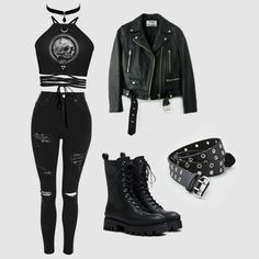 Rocker Female Outfits, Baddass Black Outfit, Womens Punk Outfits, Female Rocker Outfit, Punk Rock Clothing Women, Bad Girl Aesthetic Outfits, Rockstar Theme Outfit, Emo Baddie Outfits, Badass Outfits For Women