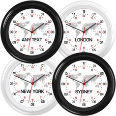 three clocks with the words new york, london and sydney on them are shown against a white background