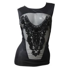 A fabulous black beaded top from Jean Colonna. It is sleeveless with a crew neckline and a front sheer panel adorned with an elaborate pattern of black glass tubular, seed and round beads. Gorgeous. The back is solid opaque black. Fits sizes Extra Small, Small. Bust 36-37" Length 25" Top Noir, Ballet Russe, Beaded Top, Black Fits, Black Glass, Black Beads, Round Beads, Fashion Inspo, Fashion Outfits