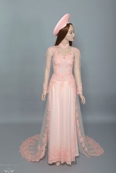 Custom made blush pink bridal Ao Dai Neckline: traditional collar Illusion front and back Long sleeves Zipper closure Chapel train (20''/50cm) Chiffon pants Made to your own measurements Bridal Ao Dai, Ao Dai Vietnamese, Chiffon Pants, Desi Wedding Dresses, Dream Dresses, Pink Bridal, Desi Wedding, Bridal Dress, Dream Dress