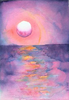 watercolor painting of the sun setting over the ocean with pink and purple hues