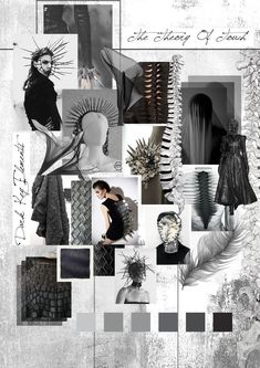 an artistic collage with black and white images, feathers, and other things in it