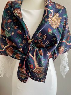 Luxury Silk Scarves With Floral Print, Luxury Silk Floral Print Scarves, Silk Floral Print Shawl Scarf, Flowers Navy Blue, Blue Silk Scarf, Scarf Square, Silk Hair, Silk Shawl, Blue Silk