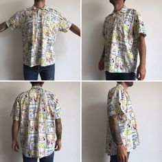 "Vintage shirt with funny print Made in France 1980s White shirt with multicolor vintage publicity pattern. Wide straight cut . Shirt collar Short sleeves. One chest pocket left side. Rounded bottom. 6 buttons front . In perfect condition . Material: 100% Coton Size : 42 Our woman model wears usually size S (36/38) and measures 170cm/66.9\". Our man model wears usually size M (40/42) and measures 175cm/ 68.8\" Measurements (flat): Length: 74cm - 29.1\" Shoulder: 51cm - 20\" Chest: 65cm - 25.5\" Vintage Cotton Shirt With Retro Print, Retro Patterned Short Sleeve Tops, Vintage Cotton Camp Shirt With Graphic Print, Vintage Short Sleeve Top With All Over Print, Retro Patterned Printed Shirt, Retro Multicolor Camp Shirt With All Over Print, Vintage Style Shirt With Graphic Print And Relaxed Fit, Vintage Cotton Tops With All Over Print, Cotton Camp Shirt With Vintage Print Pattern