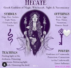 a purple poster with an image of a woman holding a key and the words hecatete