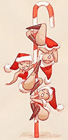 a drawing of santas hanging upside down on a pole