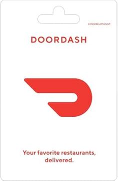 the doordash logo is shown on a white card with red lettering that reads, your favorite restaurants, delivered