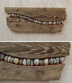 two pictures of some wood with rocks on it and one is made out of driftwood