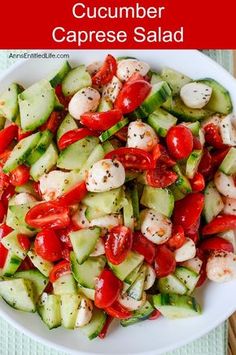 cucumber and tomato caprese salad in a white bowl with text overlay