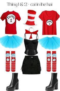 the cat in the hat costume and accessories are arranged on top of eachother