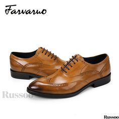 Russoo - Classic Mens Wing-tip Brogue Leather Oxford Shoes: Sophisticated Pointed Toe Design for Formal Events, Wedding Celebrations, and Office Attire in Elegant Light Brown - Ideal Valentines Day Gesture Wedding Dress Shoes With Pointed Toe For Spring, Wedding Dress Shoes For Spring With Pointed Toe, Wingtip Oxford Shoes For Wedding, Wingtip Oxford Wedding Oxfords, Wingtip Oxford Oxfords For Weddings, Brown Fitted Oxfords For Wedding, Brown Oxfords For Wedding, Spring Wedding Leather Dress Shoes, Brown Brogue Dress Shoes For Wedding