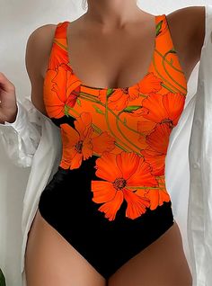 Women's Swimwear One Piece Normal Swimsuit Printing Floral Pink Red Blue Bodysuit Bathing Suits Sports Beach Wear Summer 2023 - US $31.99 Stylish Bathing Suits, Swimsuits Women, Floral Prints Fashion, Fashionably Late, Orange Swimsuit, Blue Bodysuit, Bodysuit Designs, Costume Intero, Pink Swimsuit