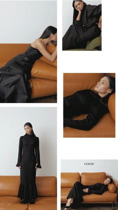 woman in black dress laying on brown couch