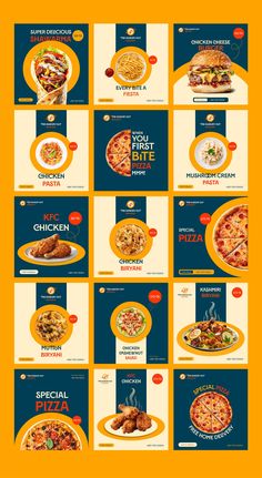 a series of posters with different types of food on them, all in yellow and blue