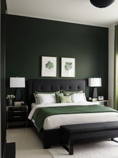 a bedroom with green walls and white carpet