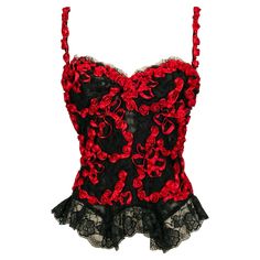 Valentino - Lingerie-style black lace top with red ribbons. It comes with a pair of fingerless gloves. No size label, it fits a 36FR. Additional information: Condition: Very good condition Dimensions: Chest: 37 cm - Length: 54 cm Seller Reference: FH173 Top In Pizzo, Red Lace Top, Black Lace Top, Valentino Black, Dark Outfits, Artist Outfit, Heart Fashion, Denim Skirt Women, Black Lace Tops