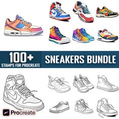 Step up your digital design game with our 100+ Sneakers Procreate Stamps! Perfect for sneakerheads, designers, and illustrators, these Procreate Brushes offer a diverse collection of sneaker styles, from classic kicks to modern streetwear designs. Whether you're designing fashion illustrations, creating custom sneaker art, or adding a stylish touch to your projects, these brushes make it easy and fun. With instant digital download, you can start enhancing your artwork immediately, making your creative process faster and more efficient. Elevate your digital creations with these must-have brushes today! - High Quality Procreate 100+ Stamps/Brushes. INSTANT DOWNLOAD! They work ONLY with iPad procreate app. Upon download you get a .brushset file includes all the brushes to load them directly t Manga Buildings, Draw Sneakers, Streetwear Designs, Procreate Stamps, Modern Streetwear, Brushes For Procreate, Basketball Art, Sneaker Art, Procreate Brushes