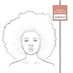 a drawing of a woman's head with an afro on the side and a sign that says hello my name is