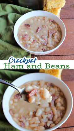 two bowls of ham and beans soup with bread on the side, one has a spoon in it