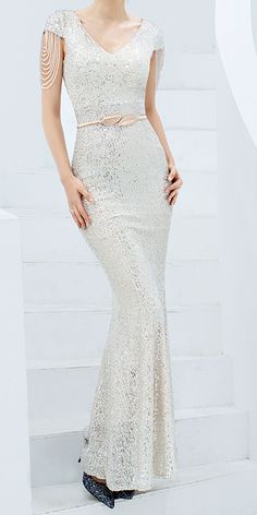 $94.90 - Stunning Sequin Sparkle Light Silver Evening Long Maxi Dress For Elegant Ladies and classy women. This mermaid fishtail dress sleeveless is bodycon tight fitted with v-neck. Perfect for formal dinners, cocktail party, bridesmaid, prom and evening. The fabric is THICK, SOFT and STRETCHABLE. It will FIT YOU well. We do not see through. Our online boutique offers FREE RETURNS, free size exchange and worldwide free shipping. Maxi Evening Dress, Feminine Women, Sequin Maxi