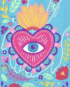 a heart with an eye surrounded by leaves and flowers on a blue background is shown