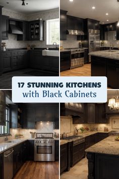 Explore 4 unique kitchen designs that showcase beautiful black lower cabinets. From cozy aesthetics with floral prints to elegant marble countertops, this pin shares various styles to inspire your kitchen renovation. Backsplash For Black Cabinets, Black Countertops Kitchen Color Schemes, Kitchens With Black Cabinets, Black Lower Cabinets, Black Cabinet Knobs, Black Cabinetry, Black Kitchen Countertops, Cabinet Inspiration, Wooden Countertops