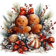 a painting of gingerbreads surrounded by christmas decorations and bows, with pine cones in the background