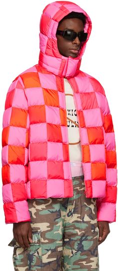 Pink & Red Gradient Checker Hooded Puffer Coat by ERL on Sale Cropped Puffer Jacket Outfit, Coat Check, Satin Coat, Red Gradient, Boutique Ideas, Conceptual Fashion, Winter Closet, Winter Styles, Long Puffer Coat