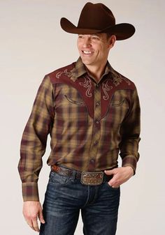 Roper Redwood Ripple (Brown) - Men's Western Shirt - Hatcountry Brown Fitted Western Shirt, Fitted Western Brown Shirt, Fitted Brown Western Shirt, Brown Fitted Shirt For Fall, Fitted Brown Shirt For Fall, Fitted Brown Shirt With Button Closure, Western Brown Cotton Shirt, Western Style Brown Cotton Shirt, Grey Plaid