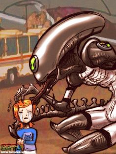 a drawing of a person standing next to an alien like creature in front of a bus