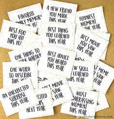 six new year's cards with words on them