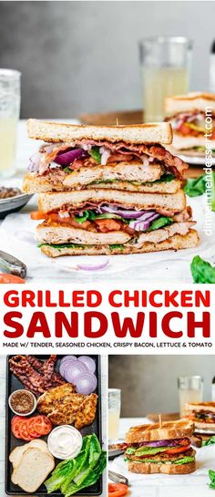 the grilled chicken sandwich is stacked on top of each other