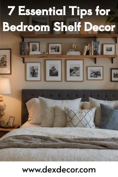 Stylish bedroom with framed photos on shelves above a cozy bed with decorative pillows.