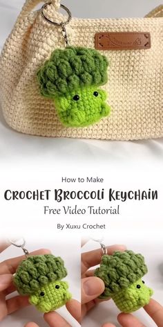 the crochet broccoli keychain is being held by someone