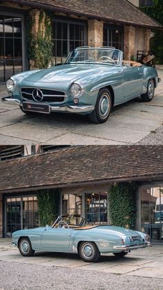 two pictures of the same car parked in front of a building, one is blue