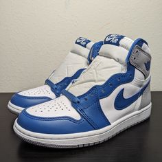 Nike Air Jordan 1 Retro High Og True Blue Grey White Mens Size 4 Women's 5.5 New Without Box Blue Leather Custom Sneakers For Light Sports, Blue Leather High-top Sneakers For Light Sports, Blue Jordan Shoes For Light Sports With Boost Midsole, Blue High-top Jordan Shoes For Light Sports, Blue Custom Sneakers For Light Sports, Fade-resistant, Blue Custom Sneakers For Light Sports, Blue High-top Custom Sneakers With Fade-resistant, Breathable Blue Synthetic Jordan Shoes, Blue Leather Breathable Sneakers