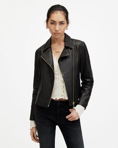 A minimalistic biker jacket that can do no wrong…meet the Vela. Beautifully crafted from soft lamb leather with subtle metal hardware, its sleek design gives it a polished, premium feel. Perfect if you're looking for a more tailored fit, simply pair with an easy cotton t-shirt and our signature denim for a classically clean aesthetic, or with your sharpest tailoring for a modern edge.   This leather jacket is designed to a slim fit Long sleeve Zip closure Asymmetrical zip Zip cuffs Soft leather Luxury Men's Allsaints Outerwear, Zara Casual Luxury Biker Jacket, Leather Jacket Nordstrom, Rectangular Allsaints Bag For Daily Use, Vela Slim, Womens Biker Jacket, Leather Biker Jacket, Trucker Jacket, Denim Outfit