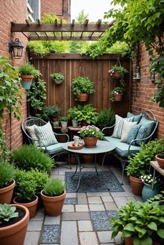 an outdoor patio with potted plants and seating area in the center, surrounded by brick walls