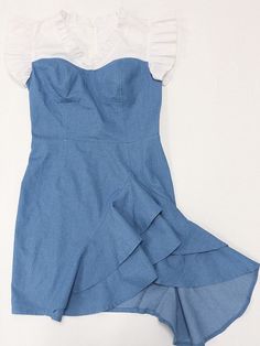 Material: Mde of 81-90% Denim Cotton + 10% Spandex. Soft breathable and elastic fabric. sexy and elgant to wear.Features: Patchwork. denim. v neck. ruffle sleeve. slim fit. ruched. zip up. irregular. bodycon mini dress.