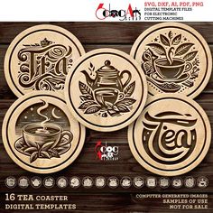 four wooden coasters with coffee designs on them and the words tea written in arabic