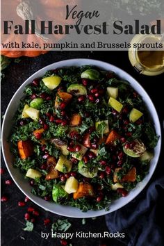 vegan fall harvest salad with kale, pumpkin and brussel sprouts